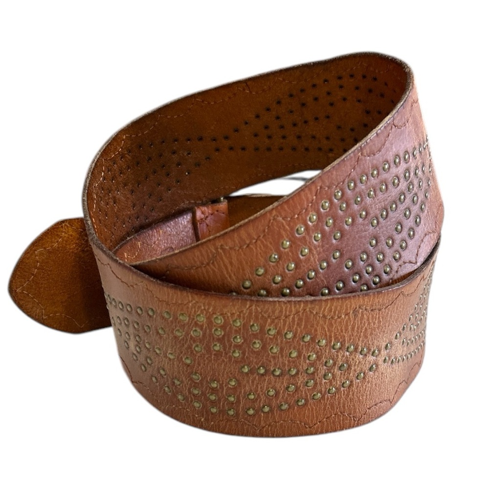 Linea Pelle Vintage Wide Brown Leather Belt Brass Design Large - Picture 3 of 14